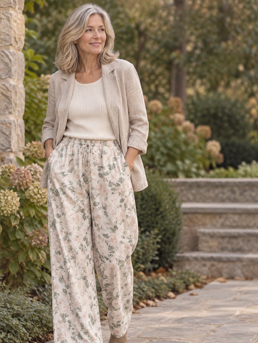 Floral Wide-Leg Linen Blend Pants in Cream and Sage